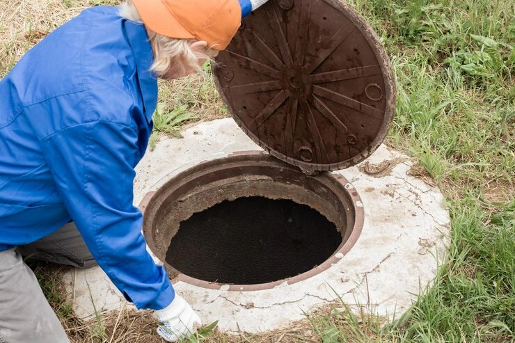 rørlegger åpner en kloakkluke vedlikehold av septiktanker og vannbrønner